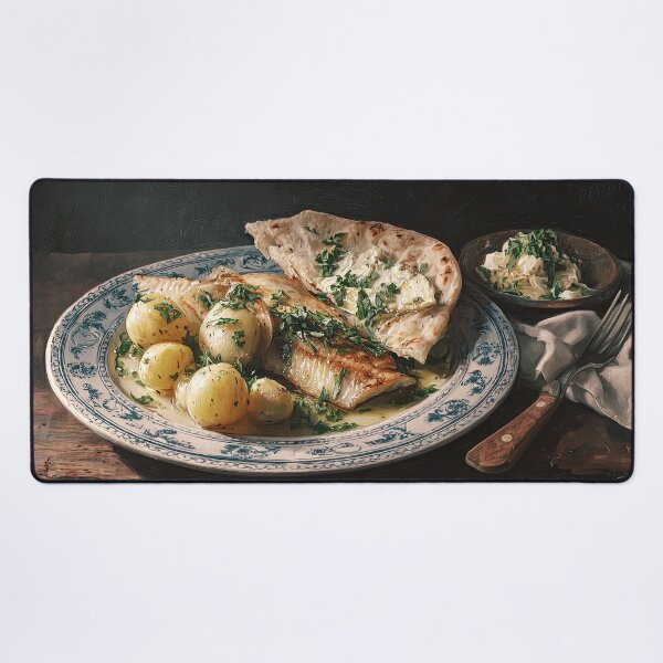 Item preview, Plate of Fish with Potatoes, Flatbread, and Herbs designed and sold by Shannon Hilson.