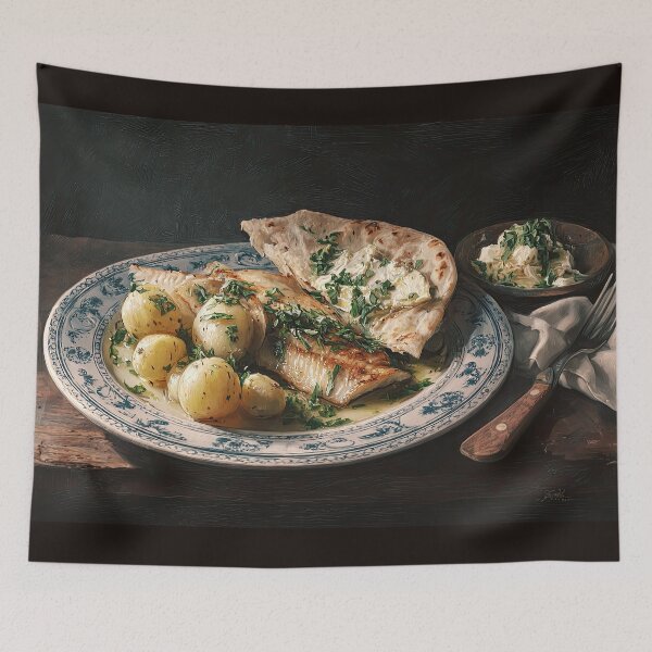 Item preview, Plate of Fish with Potatoes, Flatbread, and Herbs designed and sold by Shannon Hilson.