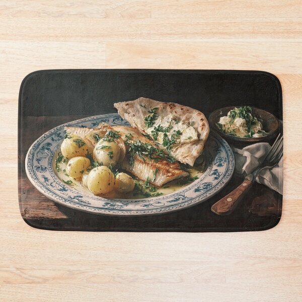 Item preview, Plate of Fish with Potatoes, Flatbread, and Herbs designed and sold by Shannon Hilson.