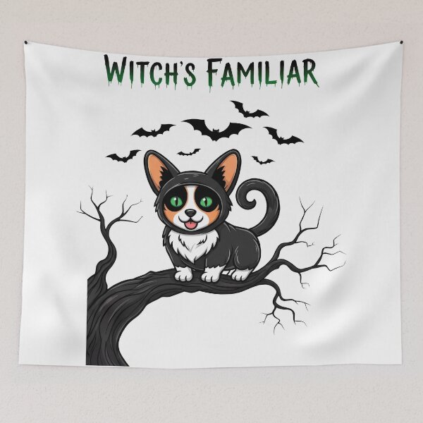 Item preview, Witch’s Familiar – Spooky Adorable Corgi Disguised as Black Cat designed and sold by zoughlal.