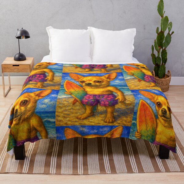 Item preview, Surfer Chihuahua King – Beach Dog in Swim Trunks with Surfboard, Tropical Pop Art Vibes designed and sold by ReyDeLaCalle.