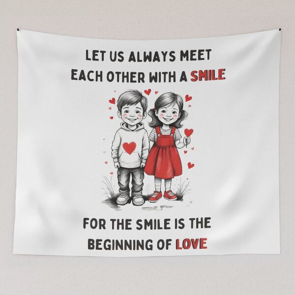 Item preview, Let Us Always Meet With a Smile – Minimal Sketch of Toddler Couple with Red Hearts Quote* designed and sold by CallisC-Arts.