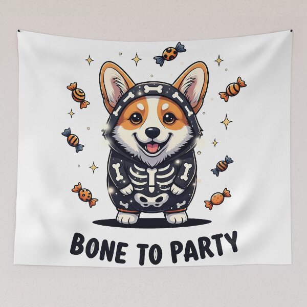 Item preview, Bone to Party – Corgi Trick-or-Treating in Glowing Skeleton Costume designed and sold by zoughlal.