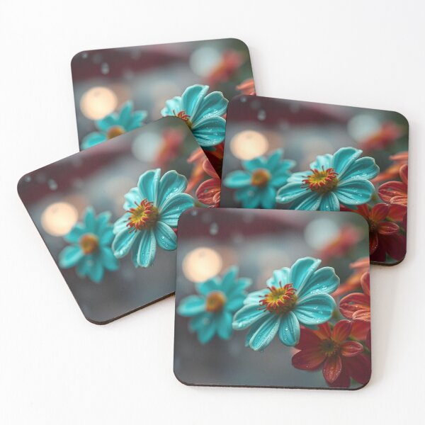 Item preview, Teal and Orange Red Flowers with Bokeh Background designed and sold by SassyArtistry.