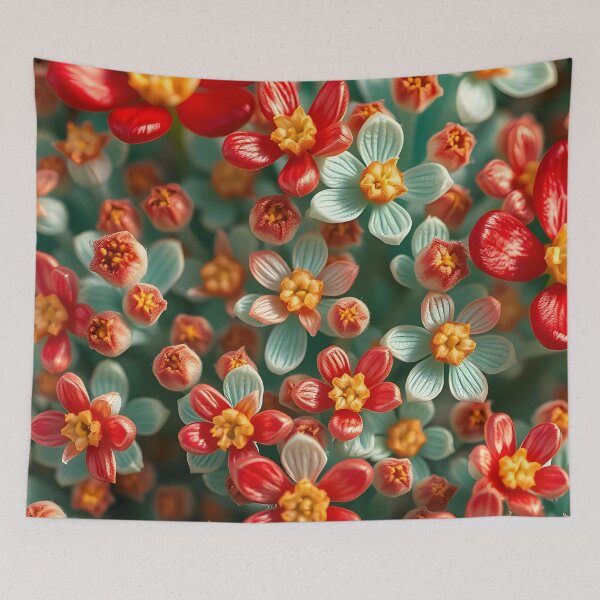 Item preview, Red Orange and Cream Flowers Pattern on Teal Background designed and sold by SassyArtistry.