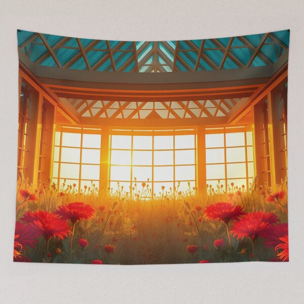 Item preview, Sunlit Greenhouse with Red Flowers and Golden Light designed and sold by SassyArtistry.