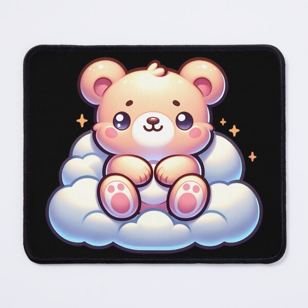 Aperçu de l'œuvre Ours rêveur kawaii assis sur un nuage moelleux avec des paillettes - Art animalier céleste mignon créée et vendue par NSB-Design.