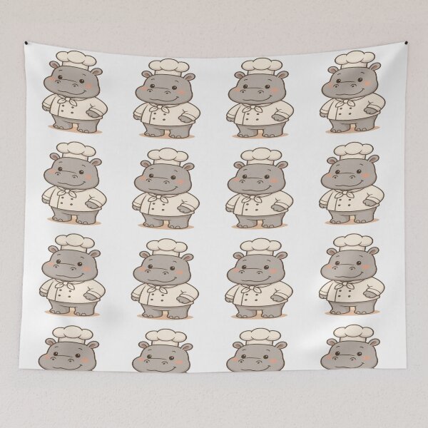 Item preview, Cute cartoon hippo chef character holding a cooking pot, wearing a white chef uniform and hat, showcasing professionalism and creativity in the culinary world. designed and sold by PWDigitalArt.