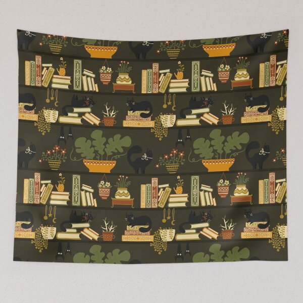Item preview, Enchanted Bookshelf – Magical Cat & Witchy Books Pattern designed and sold by space-kitten.