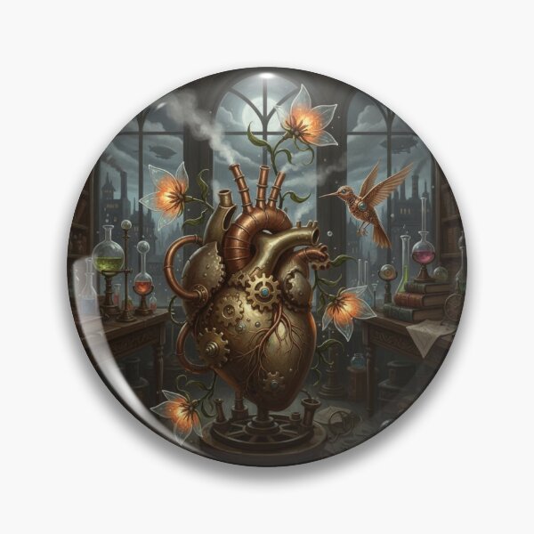 Item preview, Steampunk Heart Machine with Glowing Flowers designed and sold by Custom-Arts-AI.