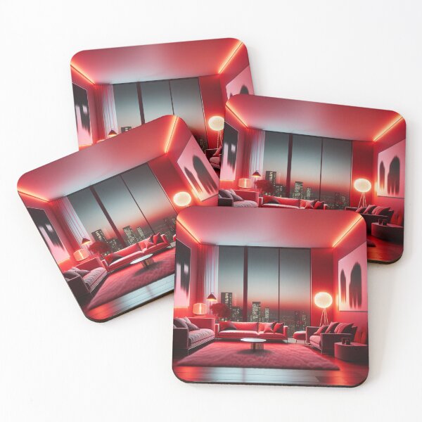 Item preview, Luxurious Modern Living Room with Red Lighting and Urban Skyline Views designed and sold by KanDa-Shop.