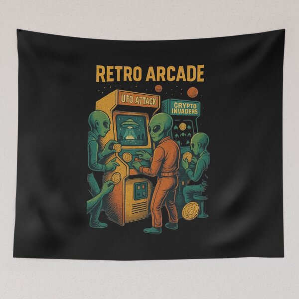 Item preview, Retro Arcade Aliens Playing with Crypto Tokens designed and sold by NovivoPrints.