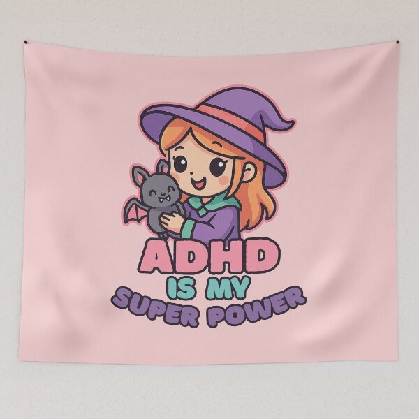 Item preview, Kawaii Witch Hugging Bat – ADHD Is My Super Power Cute Cartoon Design designed and sold by Meandmyshop.
