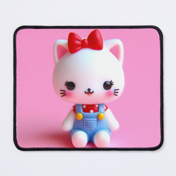 Item preview, Cute White Cat Figurine with Red Bow and Blue Overalls on Pink Background designed and sold by KanDa-Shop.