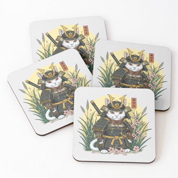 Item preview, White Cat Samurai Standing in Grass and Flowers designed and sold by SplashTastic.