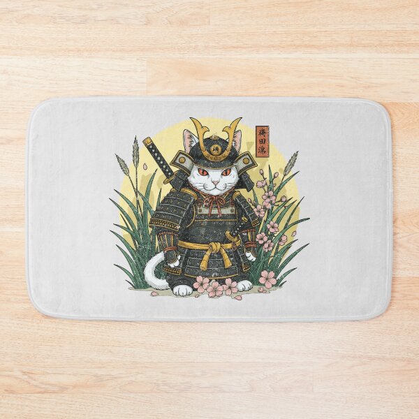 Item preview, White Cat Samurai Standing in Grass and Flowers designed and sold by SplashTastic.