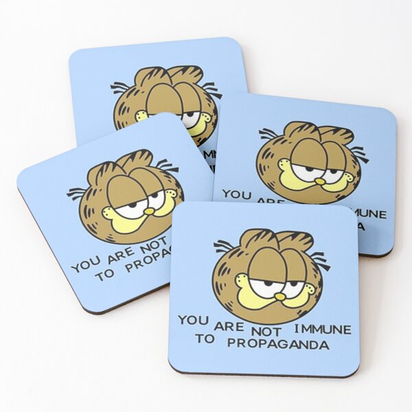 Item preview, YOU ARE NOT IMMUNE TO PROPAGANDA CAT STICKER BLUE BACKGROUND designed and sold by CryingCuzBroke.