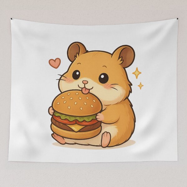 Item preview, Kawaii Hamster Eating Burger - Cute Food Illustration designed and sold by Minimochi Art.