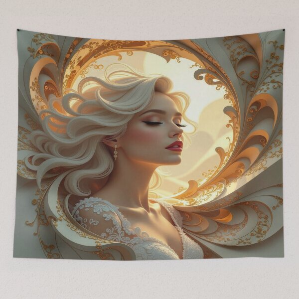 Item preview, Dreamlike Elegance – Portrait of a woman in white, surrounded by light, ornament & golden magic designed and sold by FotoworldEdel.