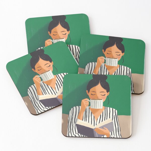 Item preview, Striped Serenity & Story Sips,Woman in Striped Pajamas Reading and Sipping Coffee designed and sold by Chytanka.