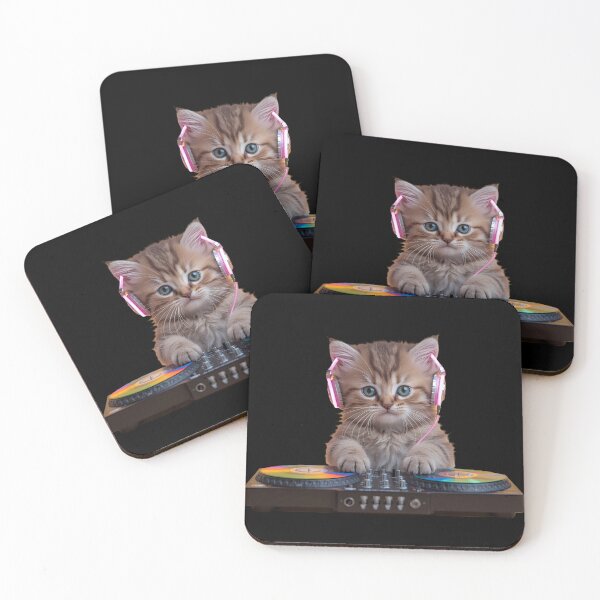 Item preview, Kawaii DJ Kitten – Cute Cat with Neon Headphones Spinning Rainbow Vinyl designed and sold by PawxelArt.
