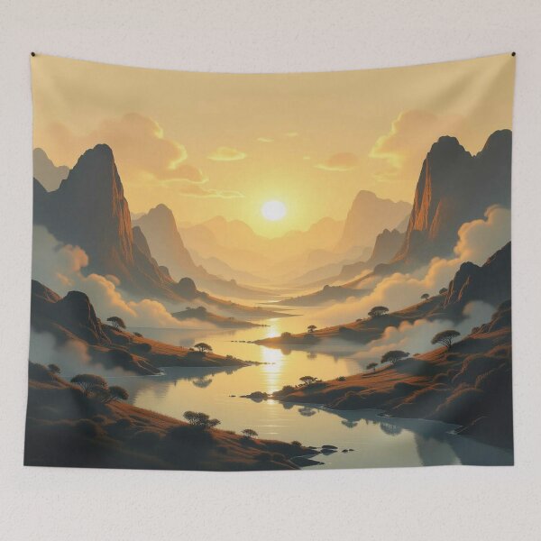 Item preview, Golden Silence – sunset over mountains and river, full of light poetry and calm natural power designed and sold by FotoworldEdel.
