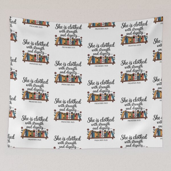 Item preview, She Is Clothed with Strength and Dignity | Proverbs 31:25 Scripture Design | Christian Floral Bookshelf Art designed and sold by HahaHandlesHub.