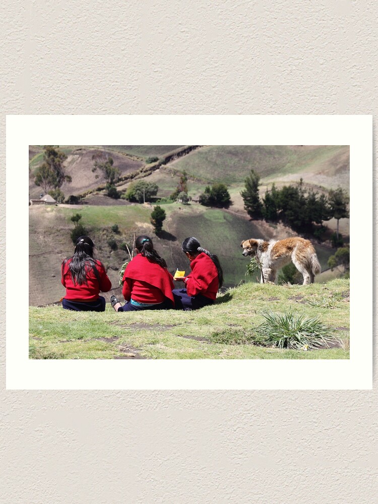 Alternate view of Dog watching three school girls eat lunch, Ecuador rural hillside Art Print