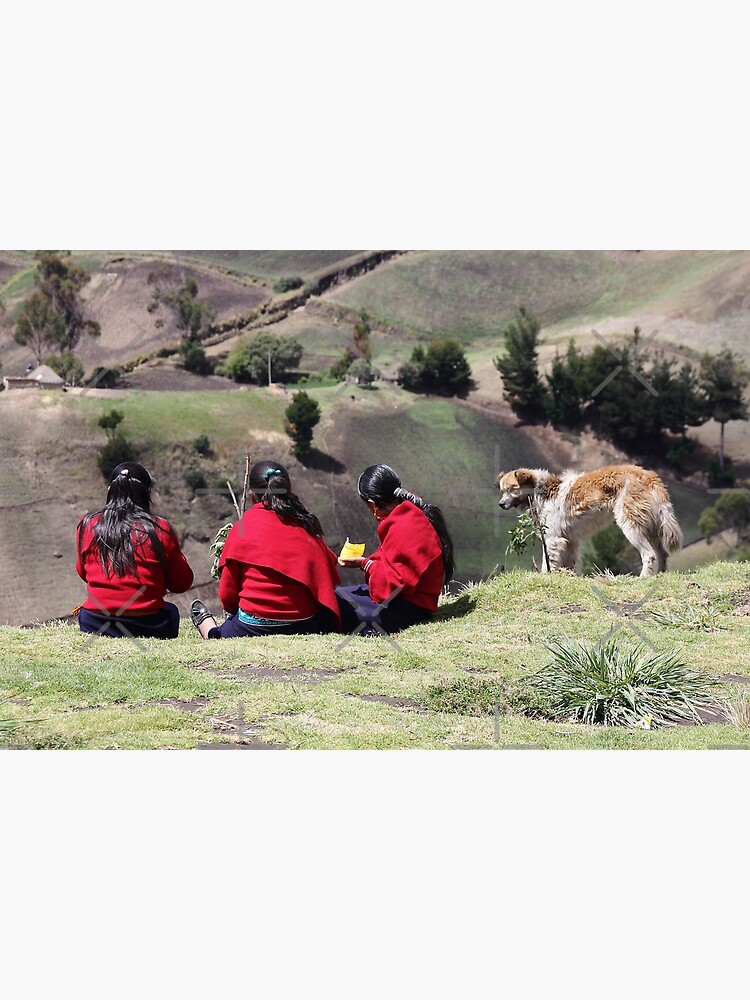 Dog watching three school girls eat lunch, Ecuador rural hillside by kpander