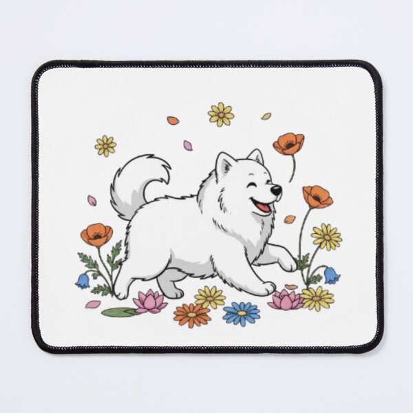 Item preview, Happy Samoyed Dog Playing in Flowers – Cute Fluffy White Puppy Art designed and sold by TANMIRET ⭐️⭐️⭐️⭐️⭐️.