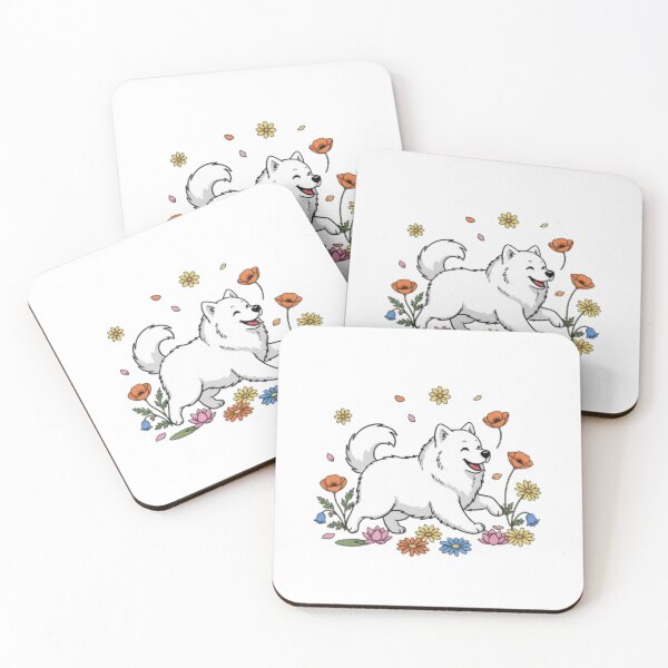 Item preview, Happy Samoyed Dog Playing in Flowers – Cute Fluffy White Puppy Art designed and sold by TANMIRET ⭐️⭐️⭐️⭐️⭐️.