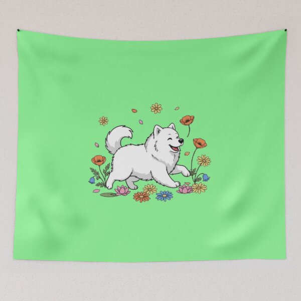 Item preview, Happy Samoyed Dog Playing in Flowers – Cute Fluffy White Puppy Art designed and sold by TANMIRET ⭐️⭐️⭐️⭐️⭐️.