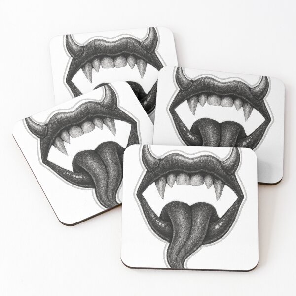 Item preview, Monochromatic Illustration of a Fanged Mouth with Horns and Forked Tongue designed and sold by Creative88Art.