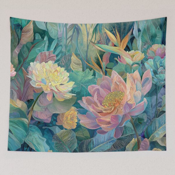 Item preview, Tropical Pastel Jungle Watercolor Art, Exotic Botanical Leaves and Flowers designed and sold by MargaretWiktor.