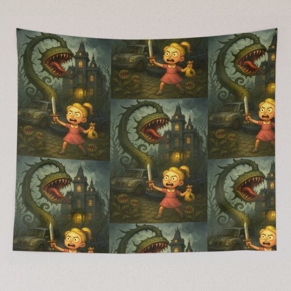 Item preview, "Epic Monster Battle Art | Brave Girl vs Giant Plant Beast | Dark Whimsical Fantasy Shirt designed and sold by ReyDeLaCalle.