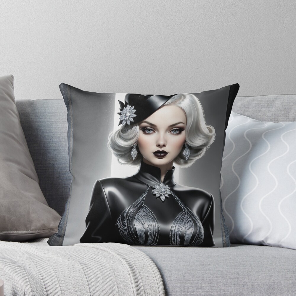 Art Deco Noir Glamour Portrait Of Isabella Fiorella Mesmerizing AI Concept Art by Xzendor7 Decorative Art Print Throw Pillow