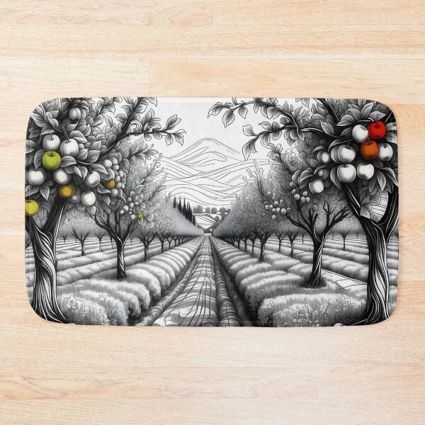 Item preview, Apple Orchard Line Art – Detailed Black & White Landscape with Colorful Apples designed and sold by AlmaMoArt.