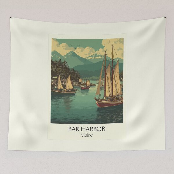 Item preview, Bar Harbor Maine Vintage Travel Art | Acadia Schooner Sailing Illustration designed and sold by TuncGK.