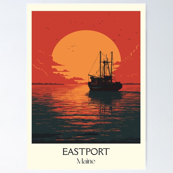 Item preview, Eastport Maine Vintage Travel Art | Downeast Sunrise & Harbor Design designed and sold by TuncGK.