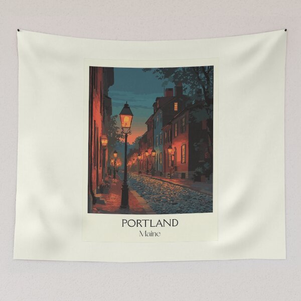 Item preview, Portland Maine Retro Travel Art | Old Port Cobblestone Street Scene designed and sold by TuncGK.