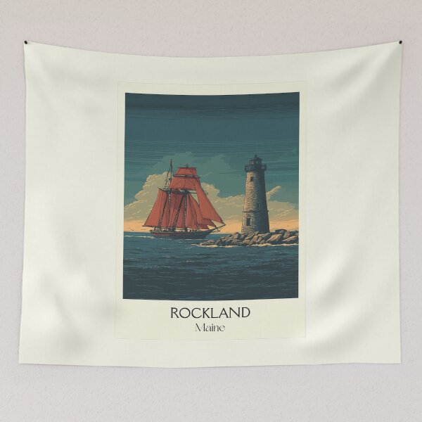 Item preview, Rockland Maine Vintage Travel Art | Breakwater Lighthouse & Schooner designed and sold by TuncGK.