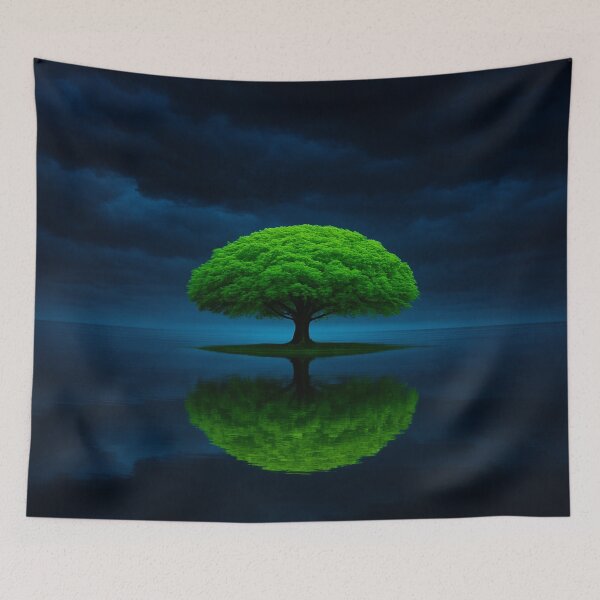 Item preview, Emerald Solitude – A Lone Tree Reflected in Stormy Waters. designed and sold by Alexzonartshop.