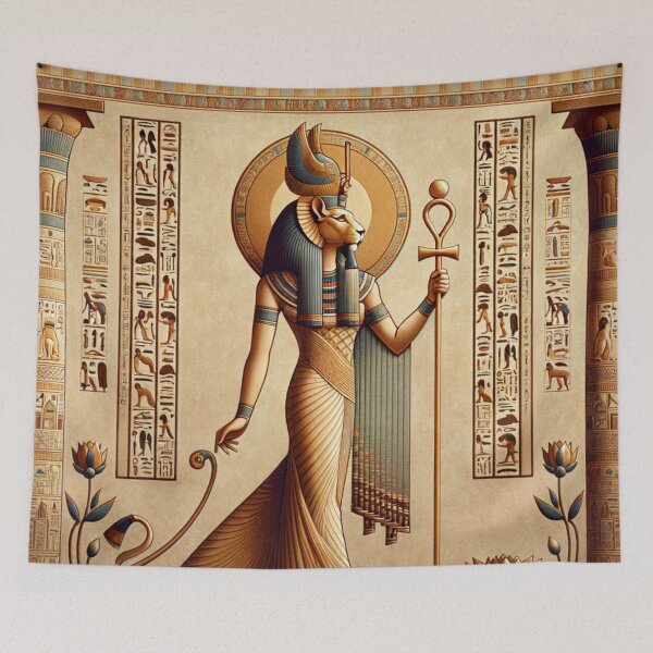 Item preview, Ancient Egyptian Goddess Sekhmet Tapestry | Lioness Deity Wall Art | Mythology Spiritual Decor designed and sold by AnalajiaDesigns.