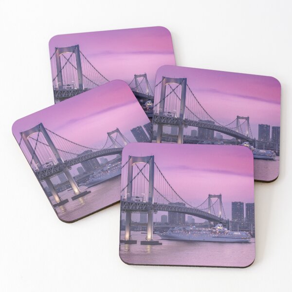 Item preview, Venus cruise ship sailing in Odaiba Bay under the Rainbow Bridge in a pink sunset light. designed and sold by AKIBATTIRE.