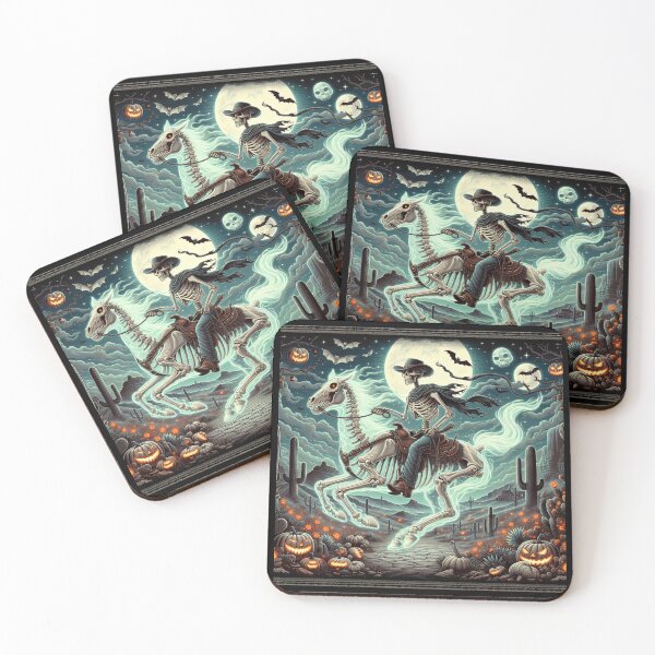 Item preview, Skeleton Cowboy on Ghost Horse Halloween Tapestry – Spooky Western Skull Rider with Pumpkins, Bats & Haunted Desert Night designed and sold by AnalajiaDesigns.
