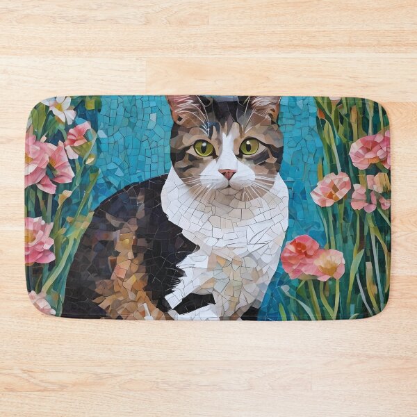 Item preview, Mosaic Cat Kitten on Stone Among Flowers designed and sold by Ciervo Primavera.