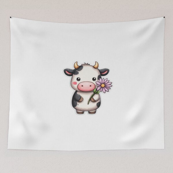 Item preview, Kawaii Cow with Daisy – Cute Chibi Cow Holding Flower Pasture Friend Sticker designed and sold by StickerHavenn.