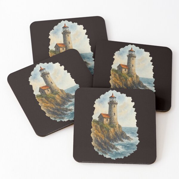 Item preview, Solitary Lighthouse on Rugged Cliffs – Watercolor Illustration designed and sold by Tadeusz1.