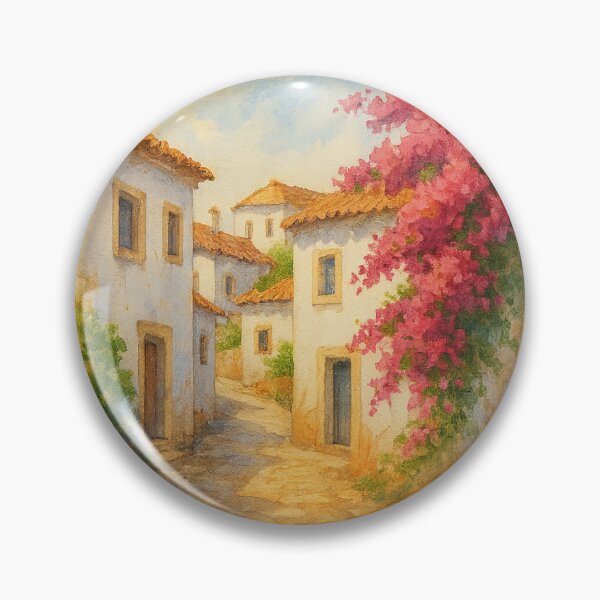 Item preview, Portuguese Village Street with Bougainvillea – Watercolor Illustration designed and sold by Tadeusz1.
