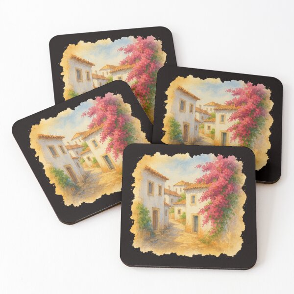 Item preview, Portuguese Village Street with Bougainvillea – Watercolor Illustration designed and sold by Tadeusz1.